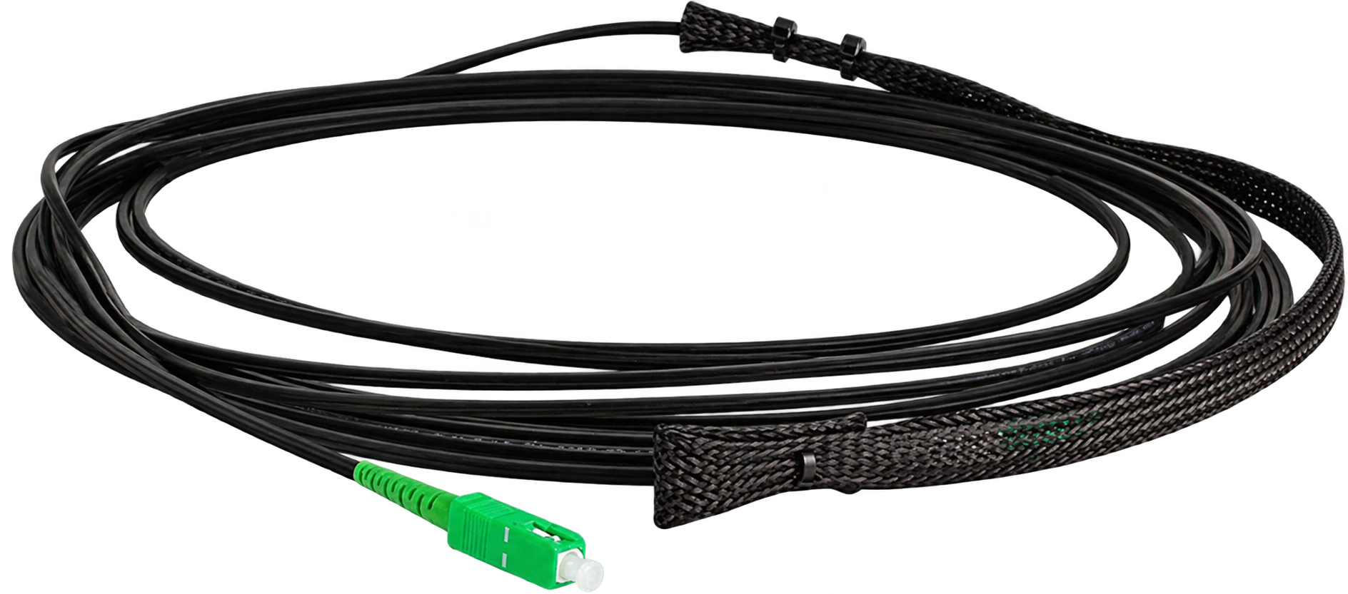 CPX-PMDC peelable fiber drop cable coiled with green connector.